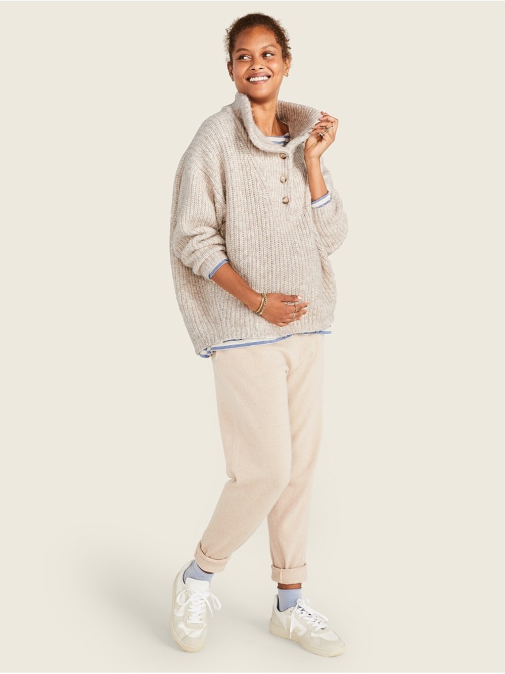 Hatch Cream Button-Neck Chunky Knit Sweater